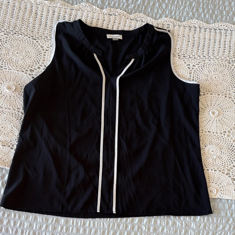 Calvin Klein Navy Blue Blouse with White Trim